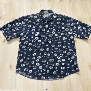 Vintage Expressions Worldwide Shirt Mens Large Blue Print Short Sleeve Button Up